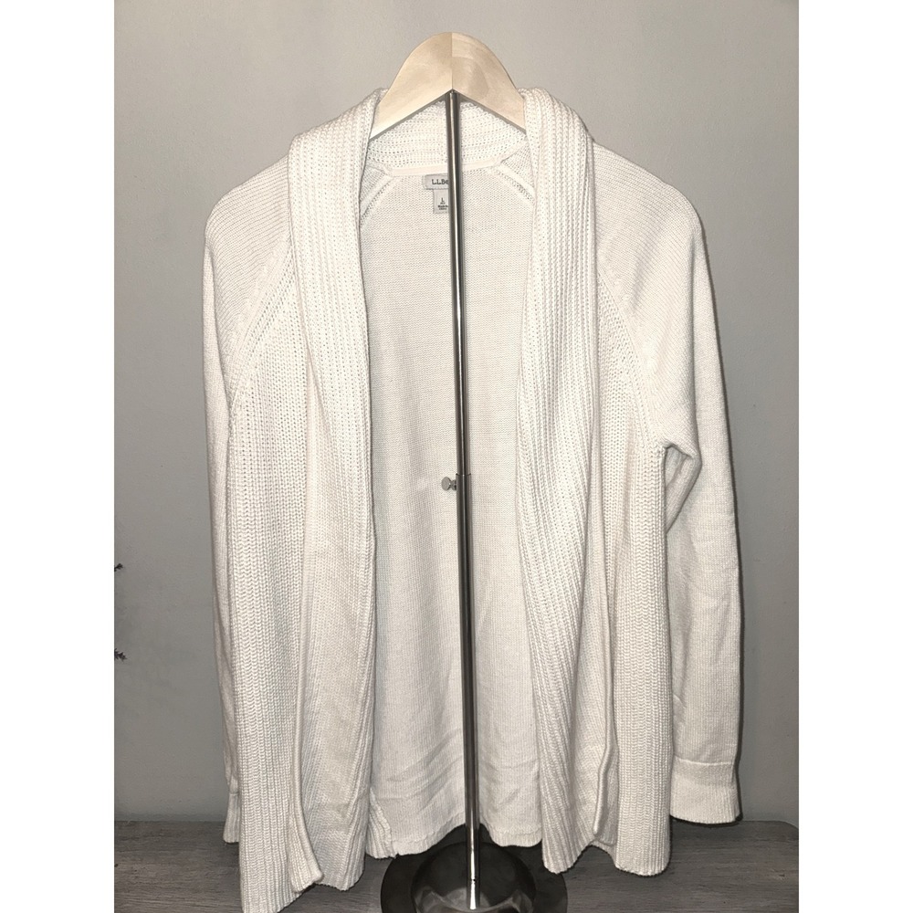 LL Bean Womens Large Petite White Cotton Shawl Collar Open Front Cardigan 297145